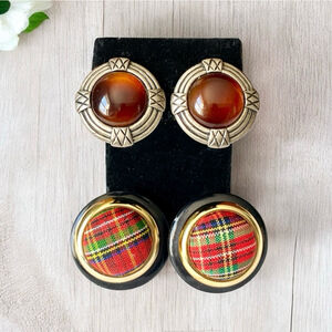 Two pairs of Scottish Celtic Earrings, Plaid Clan Jewelry Pewter Cabochon Clipon